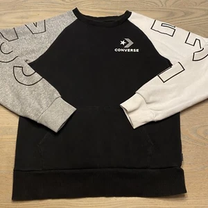 Converse Crewneck Sweatshirt Boys L Colorblock Spellout Sleeves Black Gray White - Picture 1 of 19