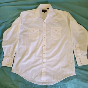 Plains Western Wear L Shirt Pearl Snap White Longsleeve Pockets  - Picture 1 of 15