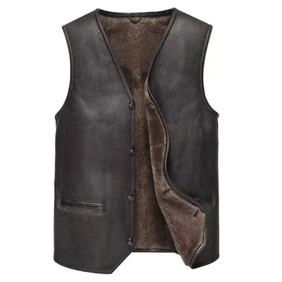 Men's Coffee Black Fur Real Sheep Leather Shearling Lined Vest Fur Collar Jacket - Image 1 of 3