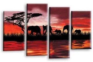 Elephant Wall Art Red Living Room Sunset Africa Framed Split Canvas Picture 1 - Picture 1 of 5