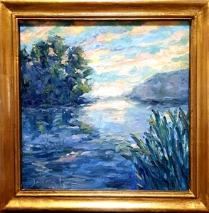 Oil Painting Seascape Reflection Water Trees Impressionistic Framed by Donalee - Picture 1 of 3