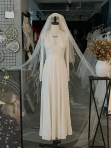 Vintage Wedding Dresses Satin Beaded A Line Long Sleeves 1960s Bridal Gowns - Picture 1 of 6