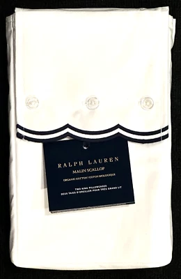 $200 NEW RALPH LAUREN HOME KING PILLOWCASES 500 THREAD CT MALIN SCALOP POLO NAVY - Image 1 of 4