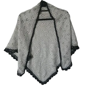 Vintage Handknitted 70's Shawl Silver & Black Sparkle Threads - Picture 1 of 6