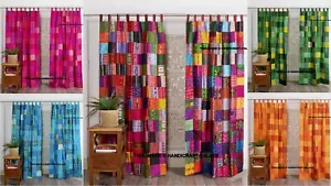 2 Pcs Indian Sari Patchwork Curtain Drape Window Decor Multi Silk Sari Curtain - Picture 1 of 41