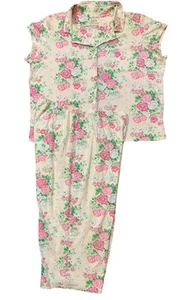 Pajama Capri Set Laura Scott 100% Cotton Cup Sleeves Knit White Pink Roses Sz L - Picture 1 of 7