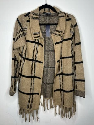 Nuevo con etiquetas Suéter Cárdigan Mediano Beige Marrón Adrienne Vittadini Tejido a Cuadros Flecos Foto 1 de 4