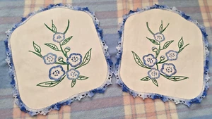 Vintage Hand Embroidered & Crochet Table Dresser 2 Scarves 10"x9" Blue Flowers - Picture 1 of 4