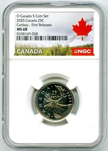 2025 O CANADA 25 CENT NGC MS68 KING CHARLES CARIBOU QUARTER FIRST RELEASES - Picture 1 of 2