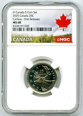 2025 O CANADA 25 CENT NGC MS68 KING CHARLES CARIBOU QUARTER FIRST RELEASES - Image 1 of 2
