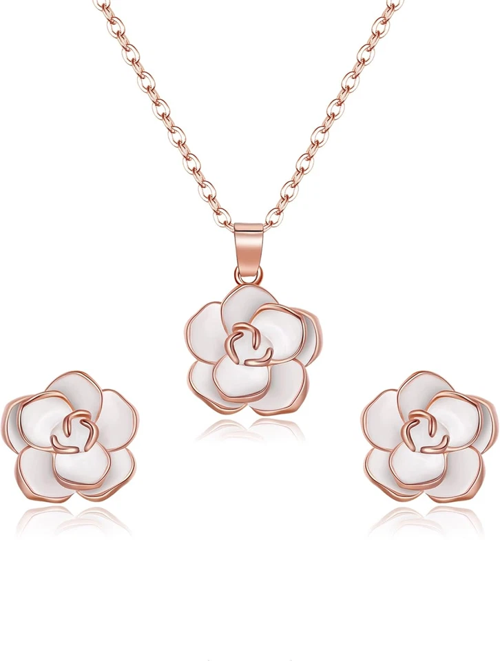 Juego de pulsera pendientes collar flor rosa Elequeen chapado en oro 14K hipoalergénico Foto 1 de 4
