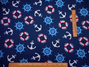 Nautical Fabric By Yard Anchors Boat Helm Life Raft on Navy Blue Premium Cotton - Picture 1 of 2