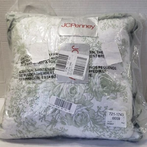 Laurel Manor Toile Garden Square Throw Pillow J.C. Penny Green Sage & white 14" - Picture 1 of 12