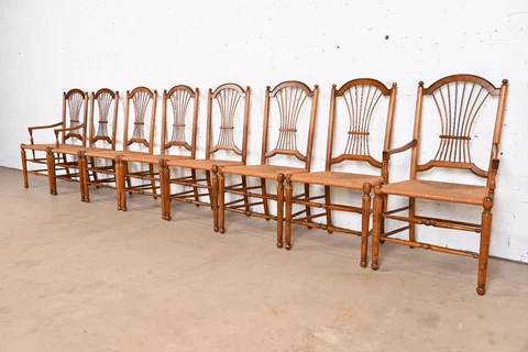 Ethan Allen Country French Wheat Back Rush Seat Dining Chairs, Set of Eight Cover