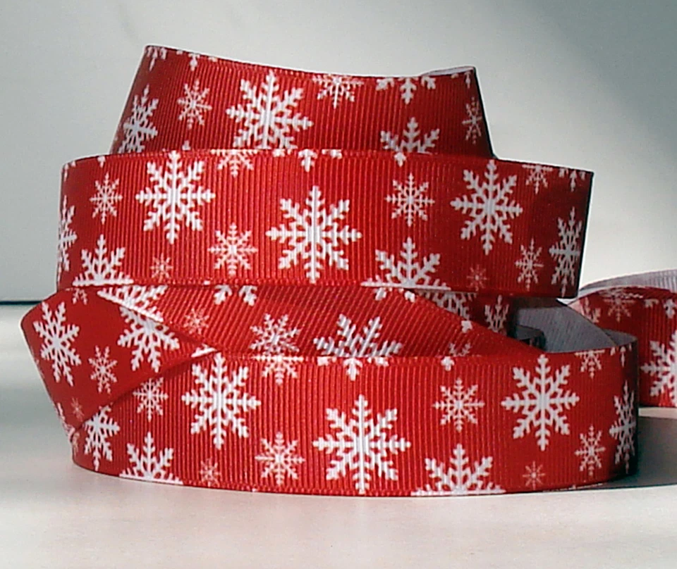 Snowflakes on Country Red  7/8" grosgrain ribbon 4 yards decor crafts hair bows - Image 1 of 1