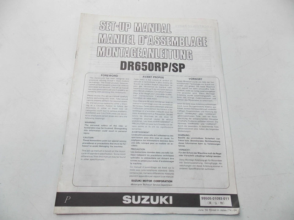 OEM 1992 Suzuki DR650-RP / Sp Configuración Manual Inglés Francés Alemán - Imagen 1 de 1