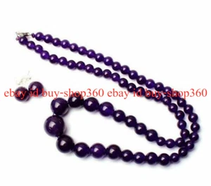 Fashion 6-14mm Purple Amethyst Round Gemstone Beads Necklace Earrings Set 18'' - Picture 1 of 12