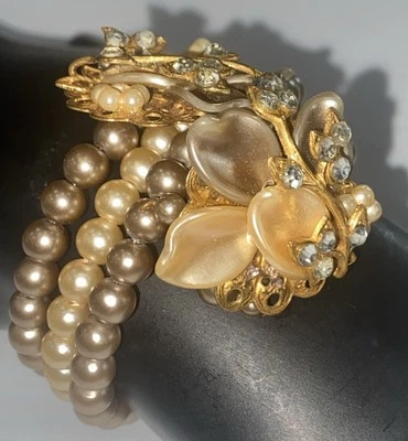 复古未签名 Miriam Haskell?记忆线包裹珍珠水钻手链 — 第 1/4 张图片