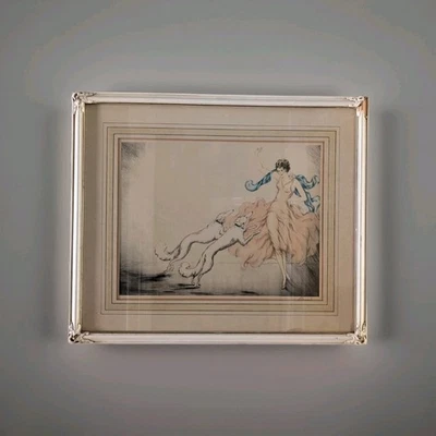 1934 Claudius Chanel emoldurado estampa fosca art déco mulher cães Wolfhound russos - Imagem 1 de 4