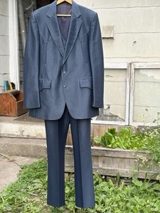 H Bar C Ranchwear Vintage 70's Men's 3 Piece Suit Navy Polyester Western Details - Picture 1 of 24