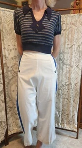 Vintage 1930s Cotton Blue White Side Button Wide Leg Women’s Beach Pants XS - Picture 1 of 19