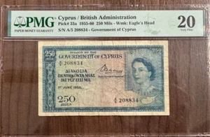 Cyprus British Administration 250 Mils Wmk 1955-60 Government Pick# 33a PMG VF20 - Picture 1 of 4