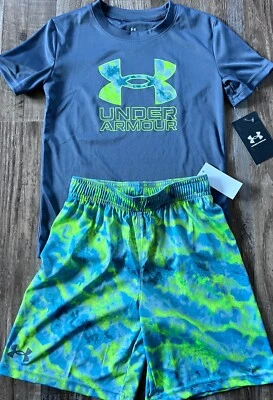 NWT Under Armour Little Boys 7 Dark Gray/Neon Yellow/Teal BIG LOGO Shorts Set - Image 1 of 3