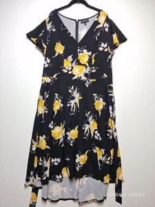 Lane Bryant A-Line Dress Women 18 Black Floral V-Neck Cap Sleeve Belted Back Zip - Picture 1 of 18