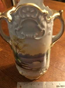 Vintage Nippon handbemalt gold getrimmt Keramik Porzellan Vase mit Landschaft - Bild 1 von 11