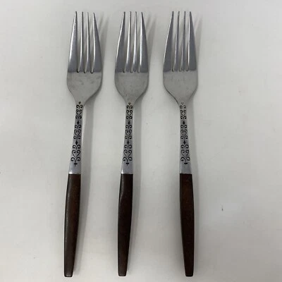 3 Interpur Stainless Japan INR2 Faux Wood Handle Dinner Forks 8" - Image 1 of 4