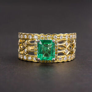 Vintage Natural Green Emerald Diamond Unisex Band Wedding Ring 18K Yellow Gold