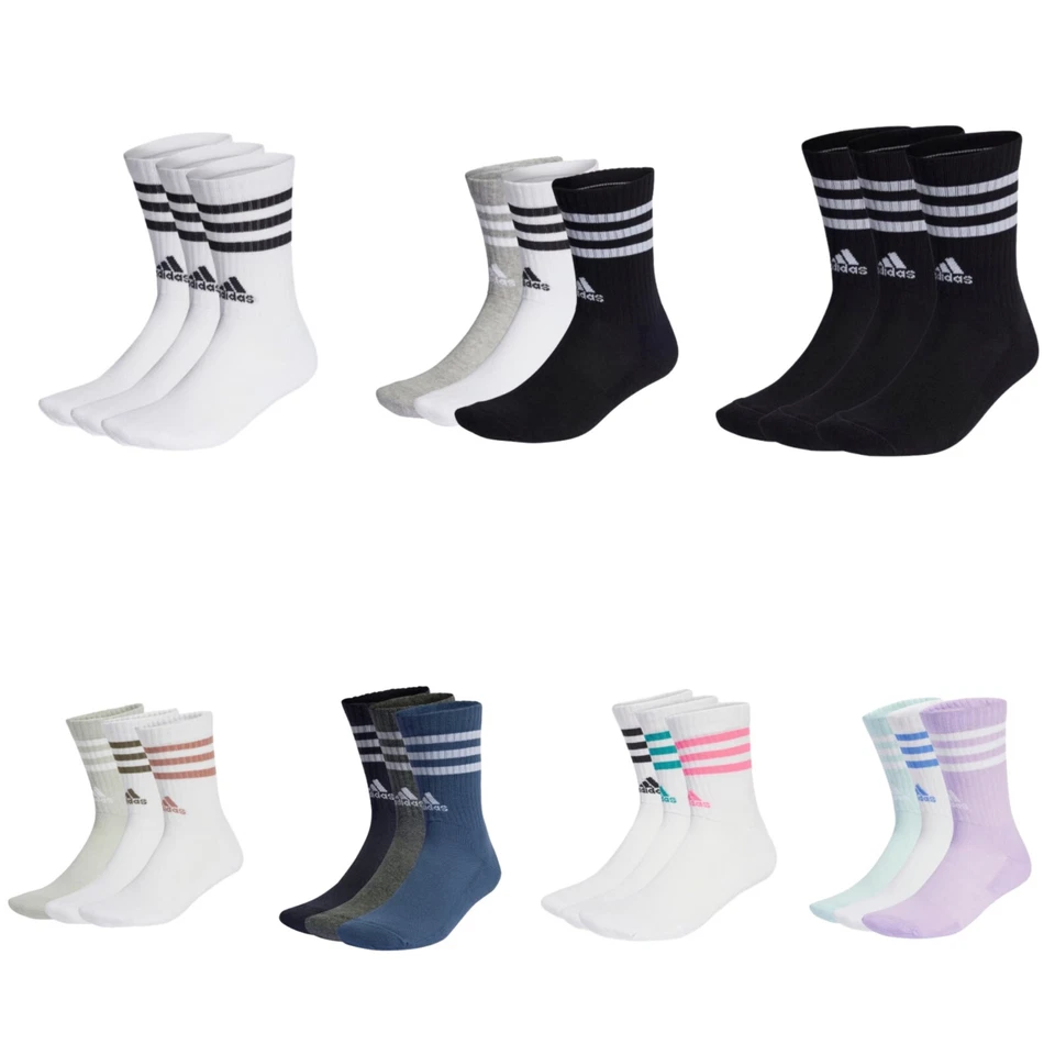 Adidas 3-Stripes Cushioned Crew Socks 3 Pack Unisex Multi Colour Sports Gym - Image 1 of 1