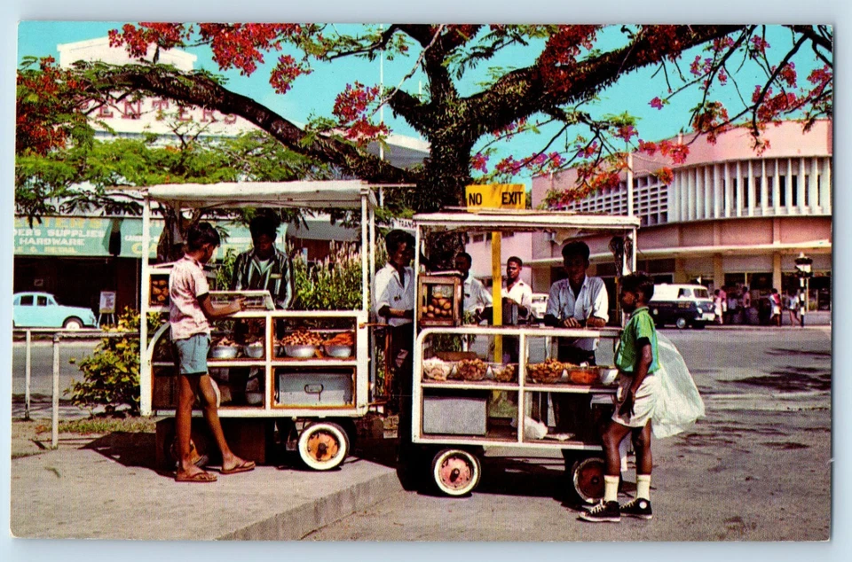 Suva Fiji Postcard Sweet Meat Vendors Under The Flamboyant Tree c1950's - Image 1 of 2