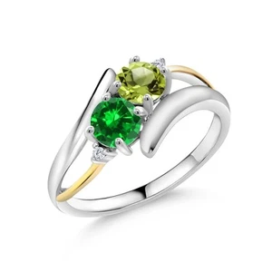 1.41 Ct Green Peridot Green Created Emerald 925 Silver and 10K Yellow Gold Ring - Picture 1 of 5