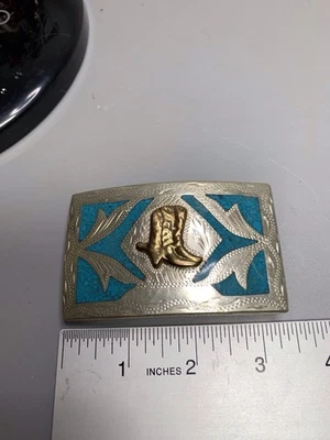Vintage Alpaca Mexico Engraved Belt Buckle Turquoise Inlay - Image 1 of 4