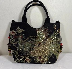 Boho bestickt Pailletten Handtasche schwarz Beuteltasche Geldbeutel Phönix Vogel mit Perlen - Bild 1 von 9
