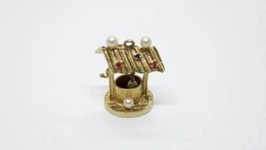 Vintage 14k Yellow Gold 3D Wishing Well Pearl Gems Charm Pendant Charm - Picture 1 of 8