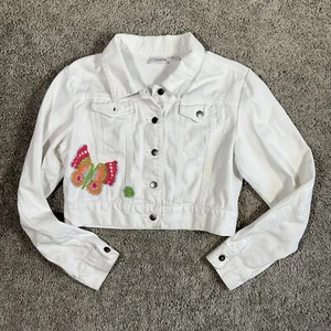 Talbots Kids Denim Jean Jacket Girls 14 White Embroidered Snap Button Butterfly - Picture 1 of 11