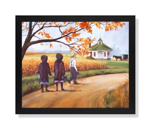 Amish School Horse Buggy Girls Wandbild schwarz gerahmt Kunstdruck - Bild 1 von 4