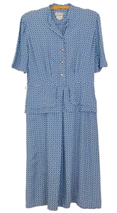 Vintage 1940s blue polka dot dress, white short sleeve peplum rayon midi 38 M L - Picture 1 of 15