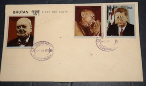 BHUTAN, FAMOUS MEN 3-D FIRST DAY COVER, "Churchill, Ghandi and JFK," 04-22-1972 - Picture 1 of 4
