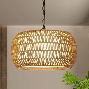 Rattan Farmhouse Woven Chandelier Light Fixtures 5 Lights Large Pendant Light - Picture 1 of 8