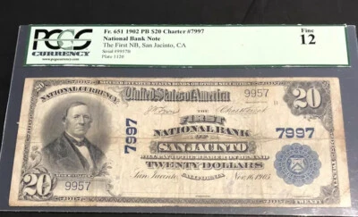 1902-$20PB-the FNB of SAN JACINTO-CA-PCGS12-A scarce note,& itwas under-graded. - Image 1 of 4