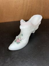 Fenton White Satin Milk Glass Hand Painted Slipper Shoe Roses Signed by Artist