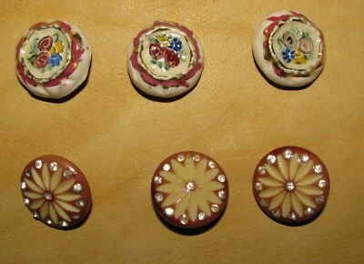 Vintage Lot of 6 Flowers Floral Buttons, Two Sets of Three, Rhinestone & Painted - Image 1 of 4