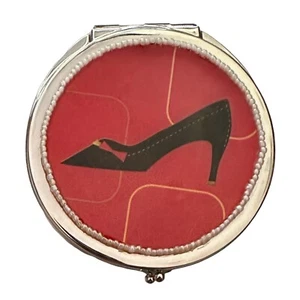Silver & Red Shoe Round Compact Mirror 3” Polished Metal - Picture 1 of 4