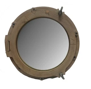 Wooden Round Porthole Mirror Hanging Wall Mount Maritime Decor Brown 17" Dia Sea - Picture 1 of 2