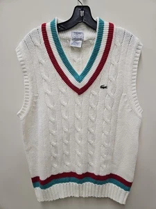 Chaleco Suéter Vintage Izod Lacoste Para Hombres Grande Blanco Cricket Cable Tejido Acrílico  - Imagen 1 de 6