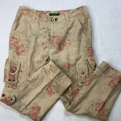 Vintage Lauren Ralph Lauren Pants Womens Size 6 100% Linen Floral Cargo Pockets - Image 1 of 4