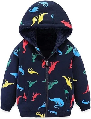 NEW Boy's 4T Zip-Up Sweatshirt Fleece-Lined Hoodie Jacket Navy Blue w/ Dinosaurs - Image 1 of 4